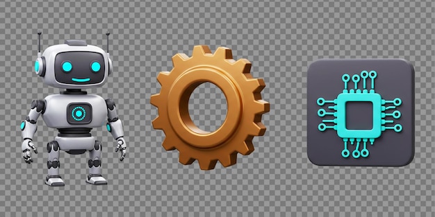 Ícone de engrenagem de robô e chip em um fundo transparente em ilustração digital