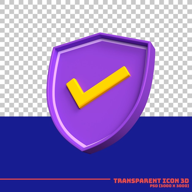 ícone de escudo roxo 3d com marca de seleção em amarelo