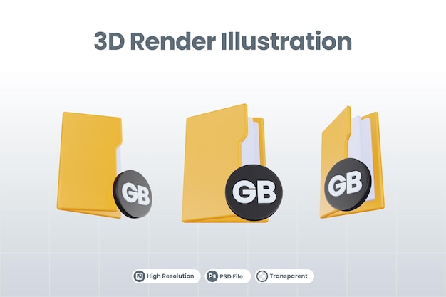 PSD Ícone de gigabyte de pasta de renderização 3d com pasta de arquivo laranja e gigabyte preto
