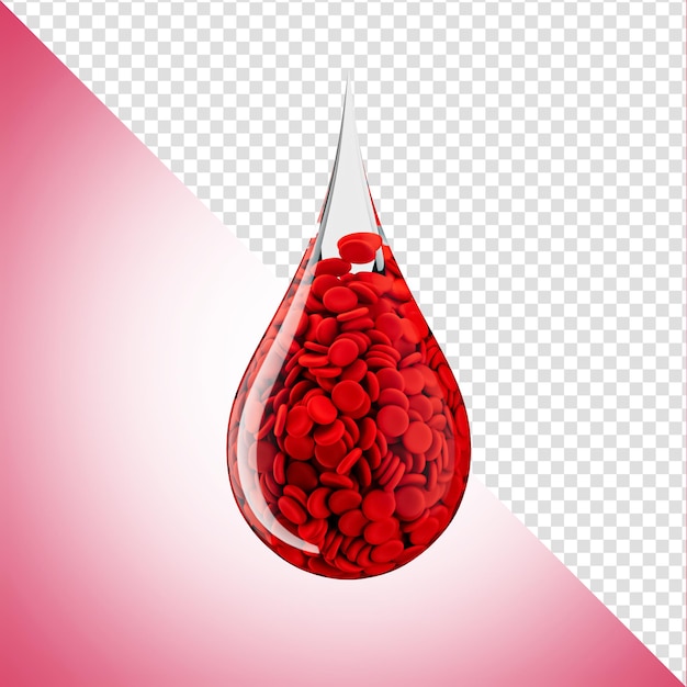 PSD Ícone de gota de sangue com células 3d render conceito para ilustração 3d do dia mundial de doação de sangue