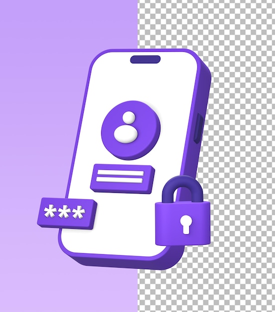 PSD Ícone de ilustração 3d roxo do uso do smartphone para inscrição ou login no perfil da conta