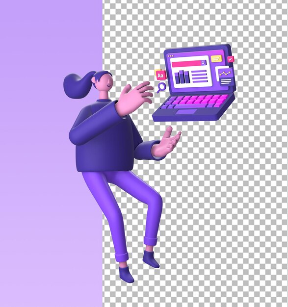 PSD Ícone de ilustração roxa de personagem 3d trabalhando no laptop para design de anúncios de mídia social ui ux