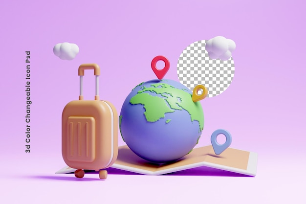 ícone de interface do usuário do conceito de planejamento de viagem de localização de pino 3d ou mapa de pino 3d com viagem de avião de voo