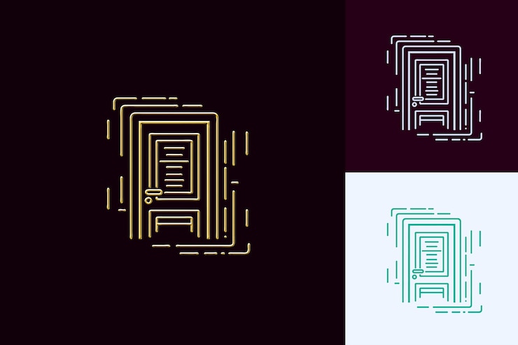 PSD ícone de logotipo com um pequeno contorno de porta e algumas linhas em torno de desenhos de ícones minimalistas abstratos