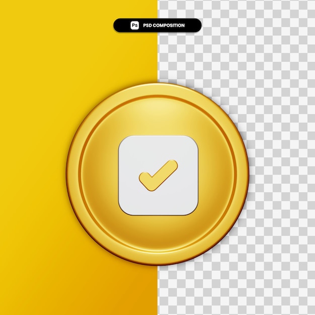 PSD Ícone de marca de seleção de renderização 3d no círculo dourado isolado