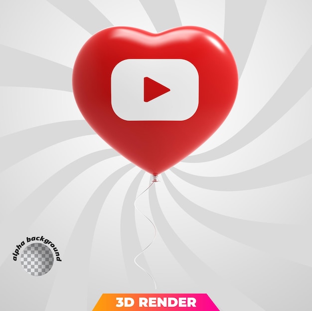 Ícone de mídia social do youtube coração balões renderização em 3d