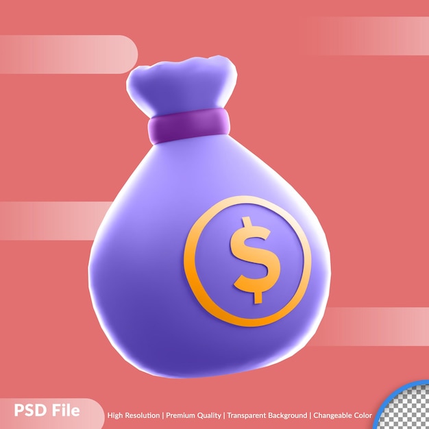ícone de negócios de bolsa de dinheiro de renderização 3D