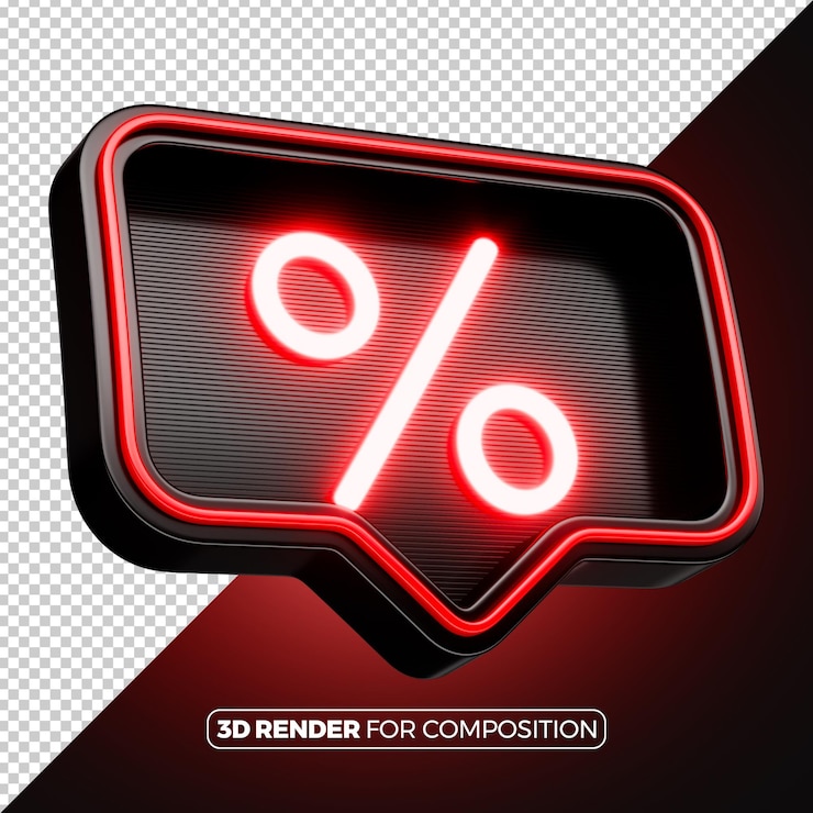 PSD ícone de porcentagem com luz de néon renderizada em vermelho em 3d