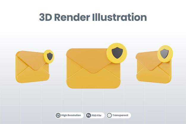 Ícone de proteção de correio de renderização 3d com correio laranja e proteção amarela