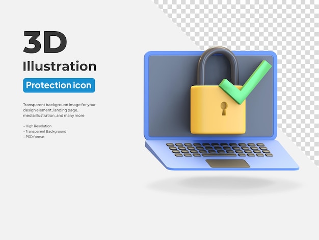 PSD Ícone de proteção de dados do laptop com cadeado e marca de seleção ilustração 3d render