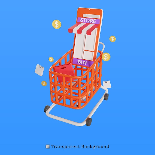 Ícone de renderização 3d compras on-line usando telefone celular