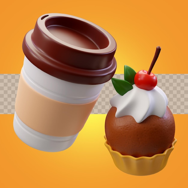 PSD Ícone de renderização 3d de xícara de café deliciosa e cupcake