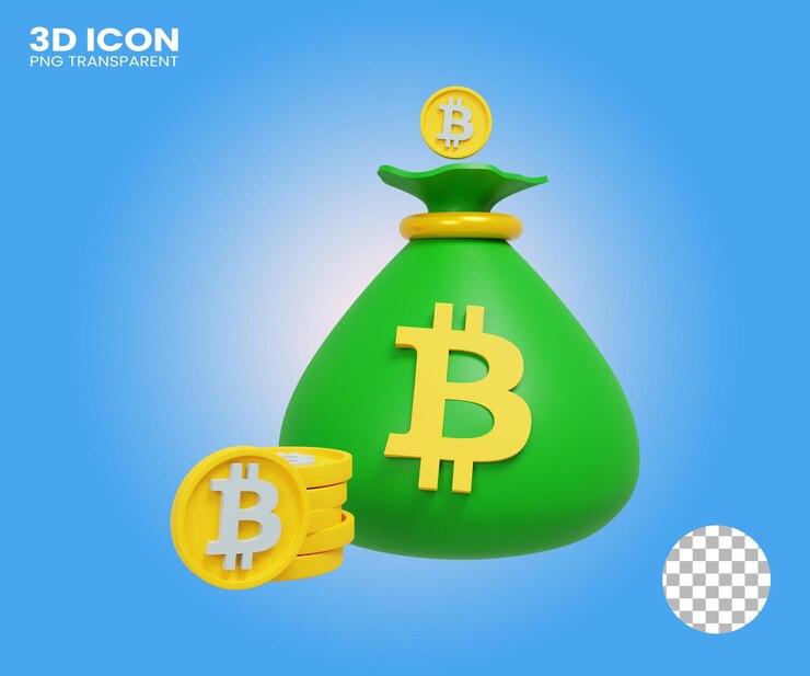 ícone de saco de bitcoin 3d com fundo transparente