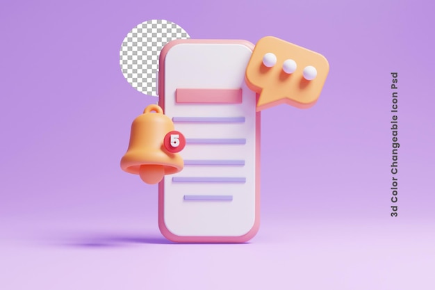 ícone de sino de notificação 3D com ícone de notificação de discurso de bolha push ou ícone de conceito de lembrete de mensagem
