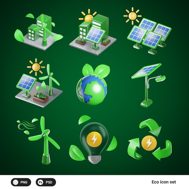 Ícone de sustentabilidade ecológica 3d conjunto de reciclagem de energia verde