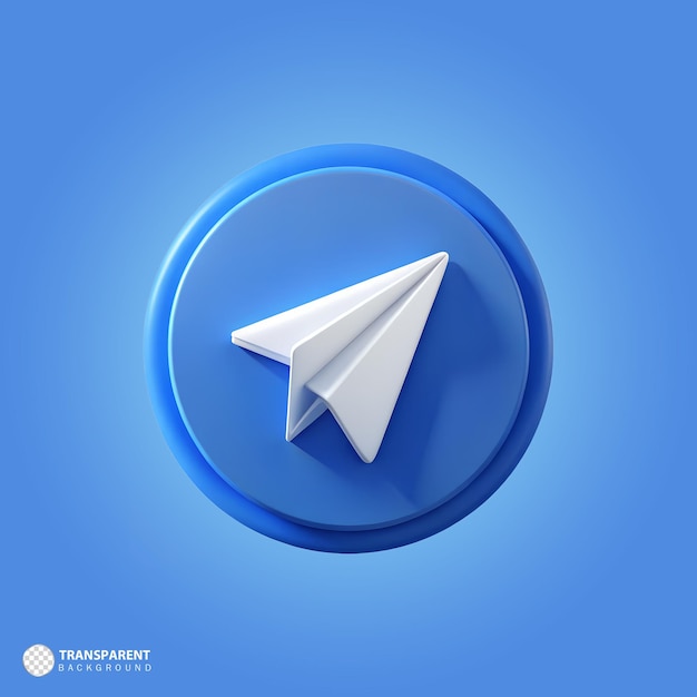 Ícone de telegrama 3D com avião de papel branco em fundo circular azul e design transparente