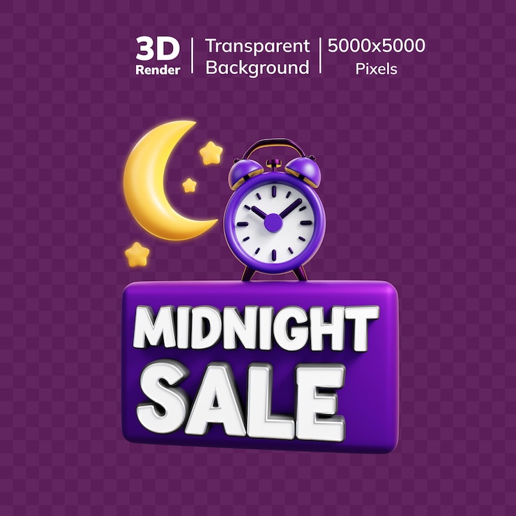PSD ícone de venda à meia-noite 3d com relógio, lua e estrelas para promoções especiais ilustração renderizada em 3d