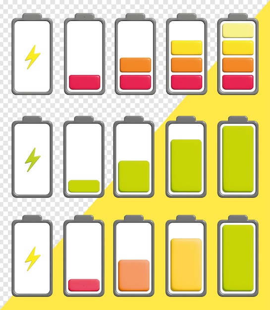 Icone dell'indicatore di carica della batteria 3D Avanzamento della ricarica della batteria Diversi livelli di carica