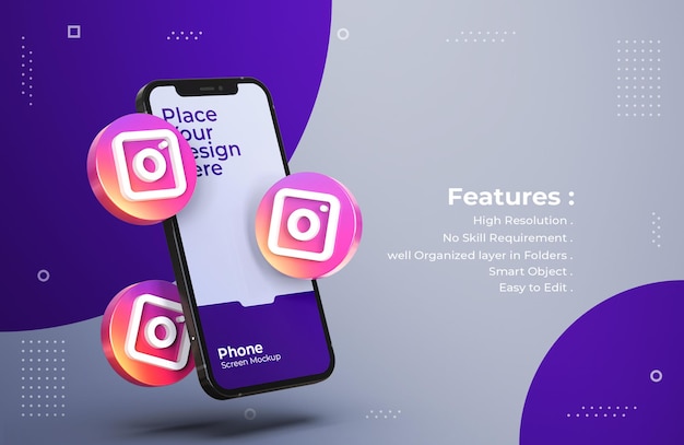 Icone di instagram 3d con mockup di schermo mobile