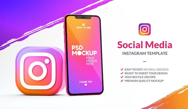 Ícone do aplicativo Instagram com uma maquete de telefone para um modelo de marketing em renderização 3D