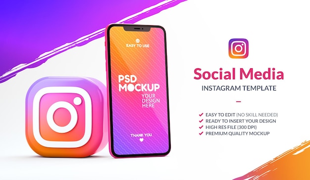 PSD Ícone do aplicativo instagram com uma maquete de telefone para um modelo de marketing em renderização 3d