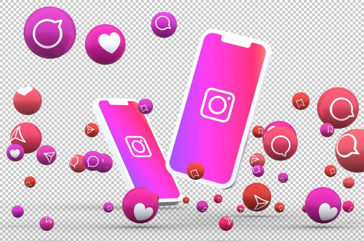 PSD ícone do instagram na tela de smartphones e reações do instagram