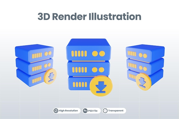 Ícone do servidor de banco de dados de renderização 3d com ícone de download isolado