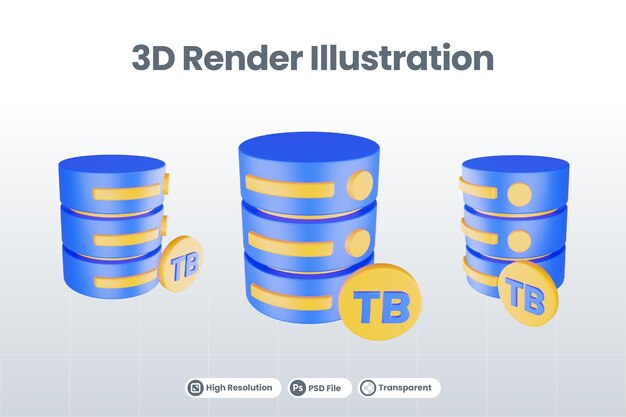 PSD Ícone do servidor de banco de dados de renderização 3d com ícone de terabyte isolado