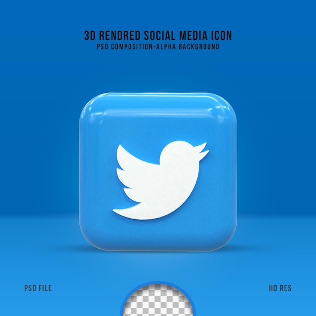ícone do Twitter de mídia social 3d Conceito 3d de mídia social brilhante colorido
