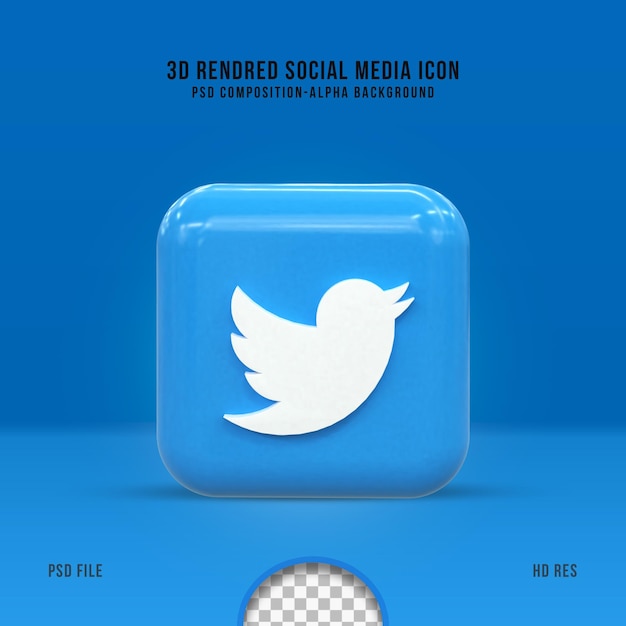 PSD Ícone do twitter de mídia social 3d conceito 3d de mídia social brilhante colorido