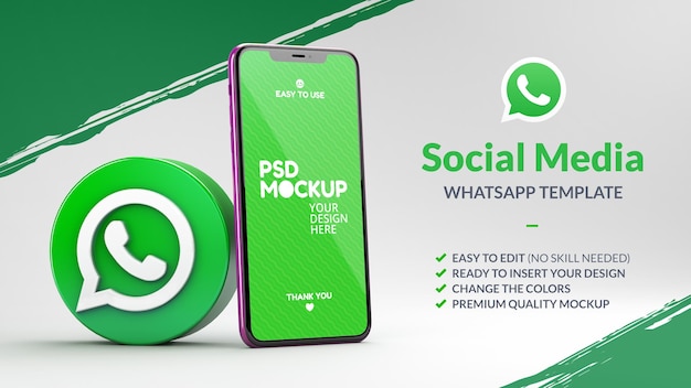 PSD Ícone do whatsapp com maquete de telefone para marketing em renderização 3d