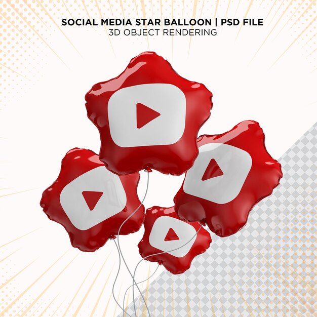 Ícone do YouTube de mídia social quatro estrelas de balão flutuante estilo 3d renderização isolada