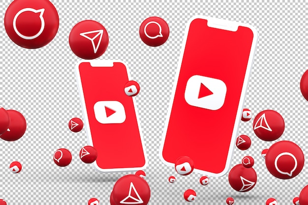 Ícone do youtube em smartphones com tela e reações no youtube