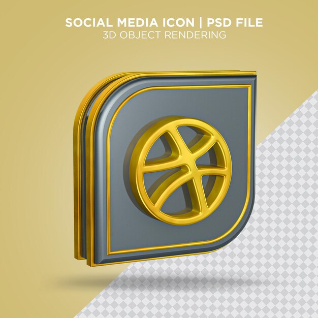 Icône de dribbble de médias sociaux Fichier PSD de rendu 3d or et argent