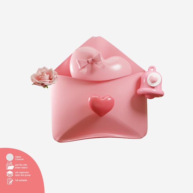 PSD icône d'enveloppe mignonne 3d avec notification de coeur et de cloche