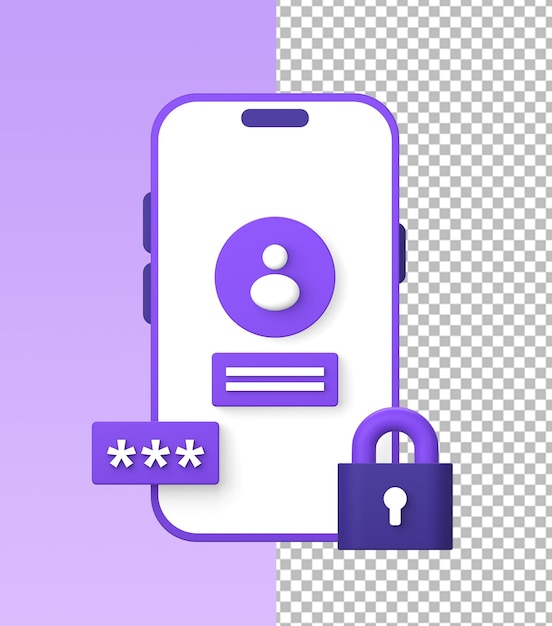 Icône d'illustration violette 3D de l'utilisation d'un smartphone pour s'inscrire ou se connecter à un compte de profil avec un cadenas