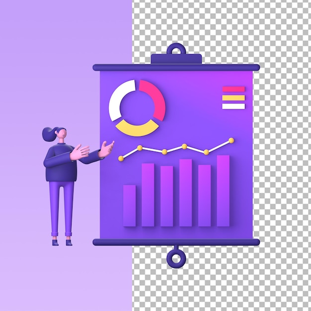 PSD icône d'illustration violette de personnage 3d avec présentation de croissance des statistiques infographiques d'entreprise