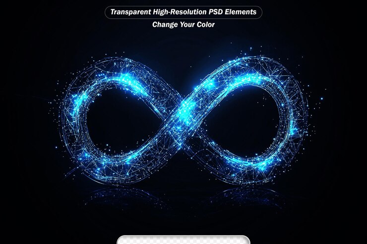 PSD icône d'infini à partir de lignes et de triangles indiquant le réseau de connexion sur fond bleu