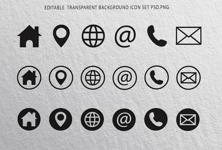 PSD icône d'information de contact en noir et blanc