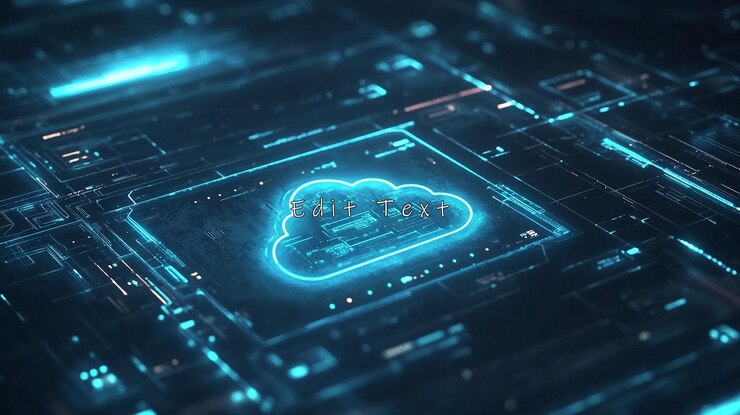 PSD icône lumineuse d'informatique en nuage sur une carte de circuit futuriste