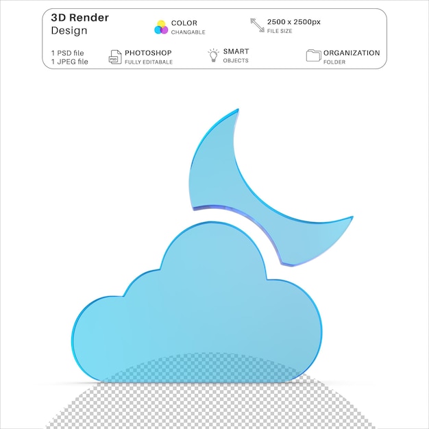 PSD icône de lune avec des nuages modélisation 3d fichier psd icône de lune et de nuages