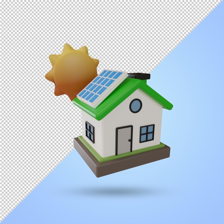 PSD icône de maison de panneau solaire et symbole d'alimentation respectueux de l'environnement du soleil illustration de rendu 3d