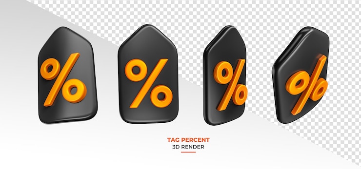 PSD icône de pourcentage de balise d'achat en rendu 3d avec fond transparent