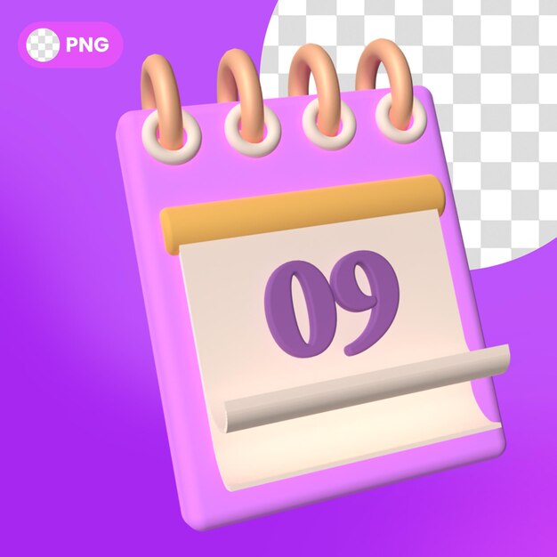 PSD icône de rappel de calendrier psd isolé rendu 3d numéro neuf