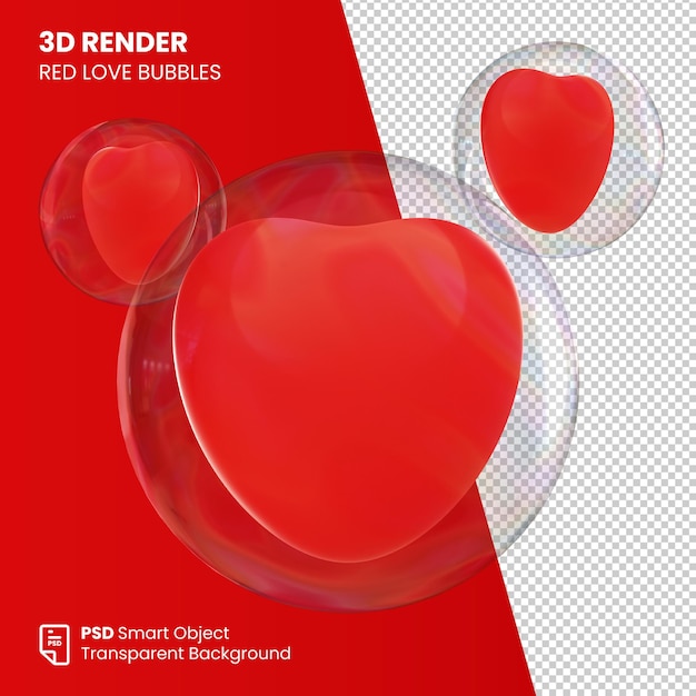 PSD icône de rendu 3d coeur rouge avec bulles