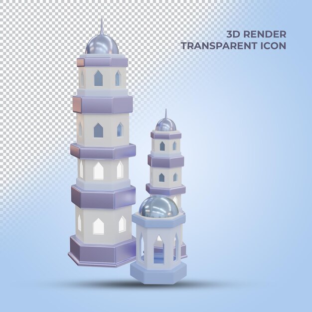 PSD icône de rendu 3d mosquée islamique avec vue de face de fond transparent