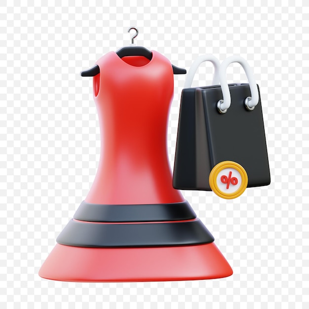 Icône de robe de magasinage 3D avec sac de magasinage et étiquette de remise pour les ventes au détail de mode