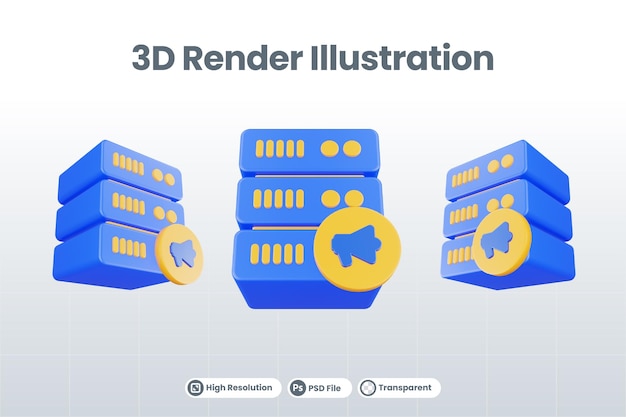 PSD icône de serveur de base de données de rendu 3d avec icône mégaphone isolée