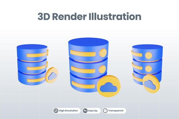 PSD icône de serveur de base de données de rendu 3d avec icône de nuage isolée