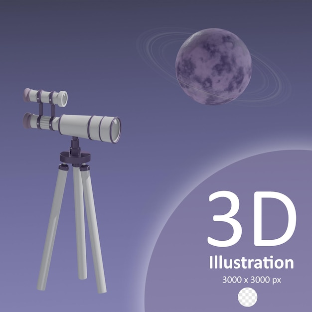 PSD icône de télescope psd avec planète isolée illustration de rendu 3d